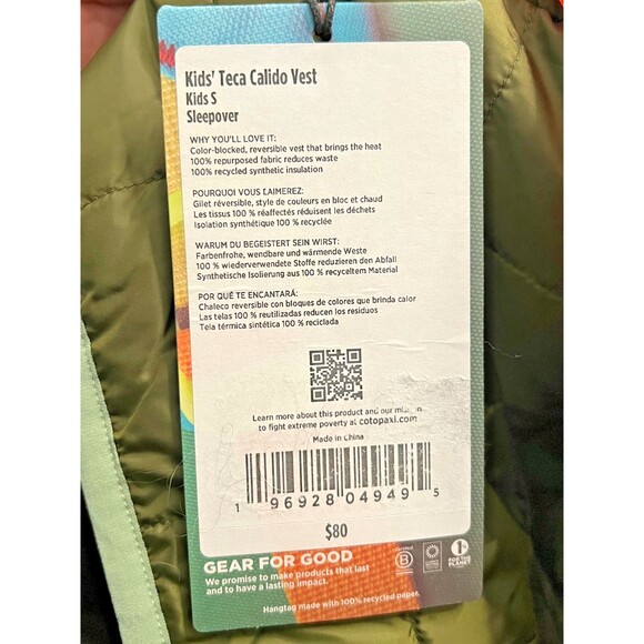 NWT COTOPAXI Kids S Teca Calido Zip Vest Reversible Sleepover Green Blue Orange - Picture 6 of 10